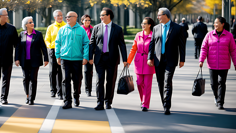 A group of Blind people walking and standing. They are sharply dressed in bright colors and some with smiles.