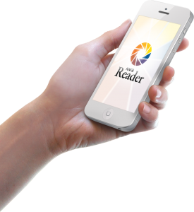 Hand holding a mobile phone with KNFB Reader logo on the screen” 