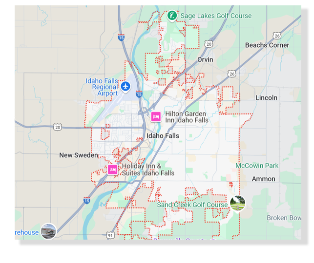 A google map view of the city of Idaho Falls, Idaho.